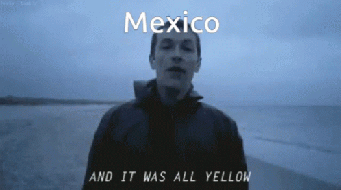 A Man Is Standing On A Beach With The Words Mexico And It Was All Yellow GIF