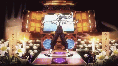 A Man Is Standing On A Dance Floor With A Purple Arrow Pointing To The Left GIF