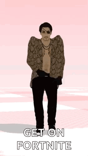 A Man Is Standing On A Pink Background With The Words `` Get On Fortnite '' Written On It . GIF