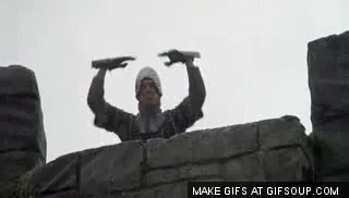 A Man Is Standing On Top Of A Stone Wall Holding A Sword In His Hand . GIF