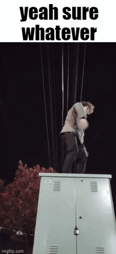 A Man Is Standing On Top Of A Utility Box With The Words Yeah Sure Whatever Above Him GIF