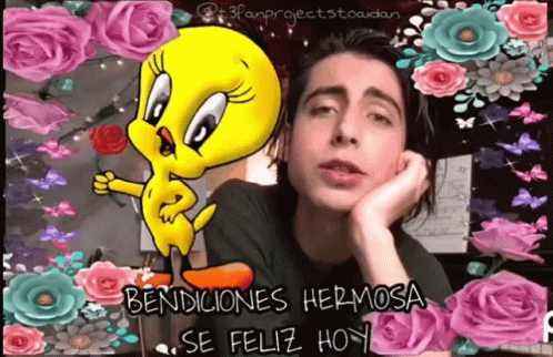 A Man Is Surrounded By Flowers And A Cartoon Character With The Words Bendiciones Hermosa Se Feliz Hoy GIF