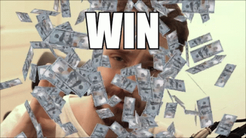 A Man Is Surrounded By Money And The Word Win Is Visible GIF
