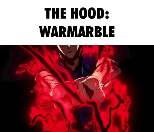 A Man Is Surrounded By Red Flames And The Words `` The Hood : Warmarble '' . GIF