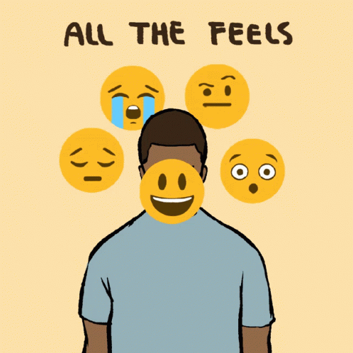 A Man Is Surrounded By Smiley Faces And The Words All The Feels Are Above Him GIF