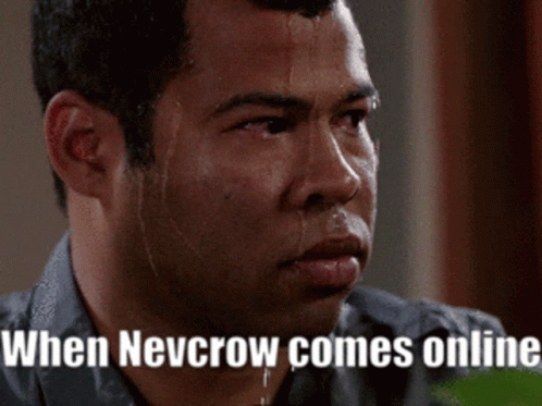 A Man Is Sweating With The Words When Nevcrow Comes Online Below Him GIF