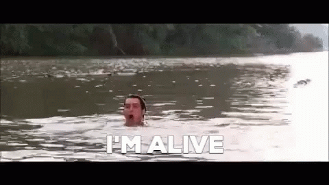 A Man Is Swimming In A Body Of Water And Says `` I 'M Alive '' . GIF