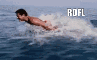 A Man Is Swimming In The Ocean With The Word Rofl Above Him GIF