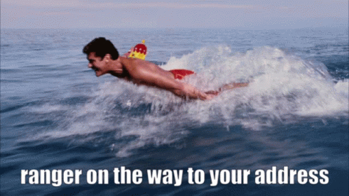 A Man Is Swimming In The Ocean With The Words " Ranger On The Way To Your Address " Above Him GIF