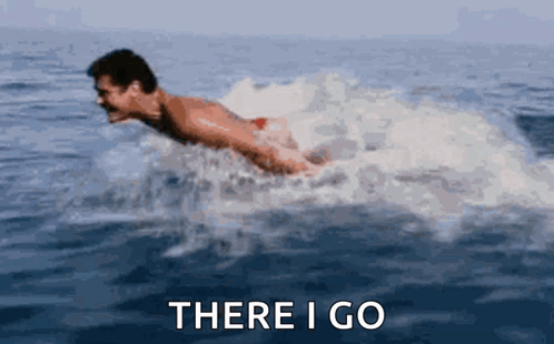 A Man Is Swimming In The Ocean With The Words `` There I Go '' Written Below Him . GIF