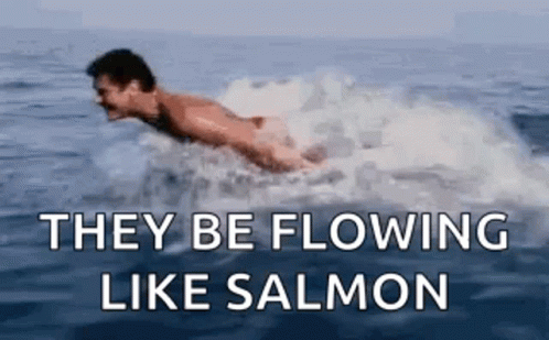A Man Is Swimming In The Ocean With The Words `` They Be Flowing Like Salmon '' Below Him . GIF