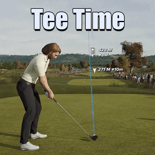 A Man Is Swinging A Golf Club On A Golf Course And The Word Tee Time Is Above Him GIF