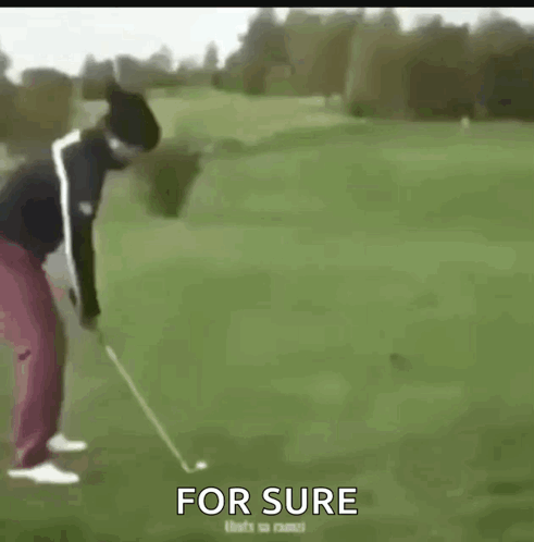 A Man Is Swinging A Golf Club On A Golf Course With The Words For Sure Written Below Him . GIF
