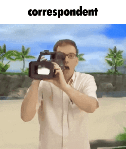 A Man Is Taking A Picture With A Camera With The Word Correspondent Above Him GIF