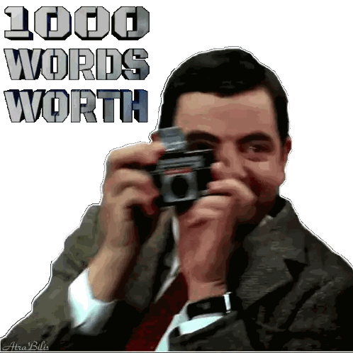 a man is taking a picture with the words 1000 words worth behind him