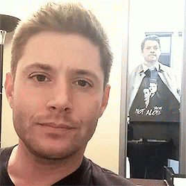 A Man Is Taking A Selfie In Front Of A Mirror With A Picture Of A Man In A Suit . GIF