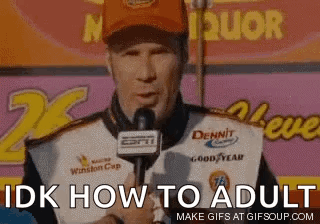 a man is talking into a microphone and the words idk how to adult are written below him .