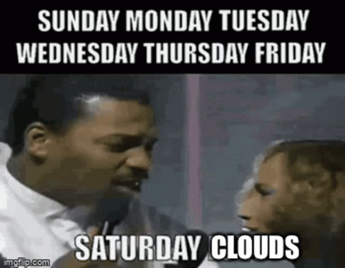A Man Is Talking Into A Microphone While A Woman Looks On And Says Saturday Clouds . GIF