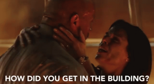 A Man Is Talking To A Woman And The Words Jumped Off A Supercrane Are Written On The Screen GIF