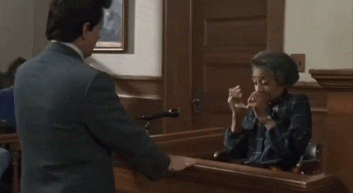 A Man Is Talking To A Woman In A Courtroom . GIF