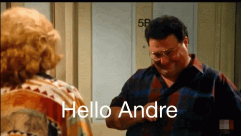 A Man Is Talking To A Woman In Front Of A Door And The Words Hello Andre Are On The Screen GIF