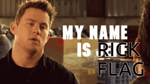 A Man Is Talking To Another Man With The Words My Name Is Rick Flag Behind Him GIF