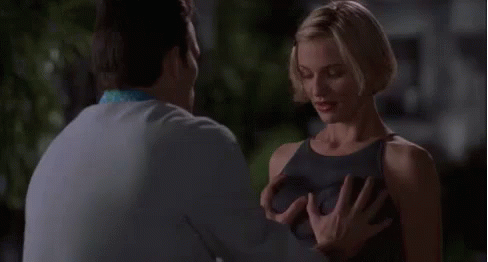 A Man Is Touching A Woman 'S Breast While Standing Next To Her . GIF