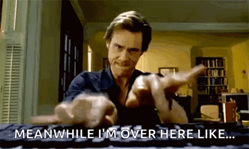 a man is typing on a keyboard and saying `` meanwhile i 'm over here like . ''