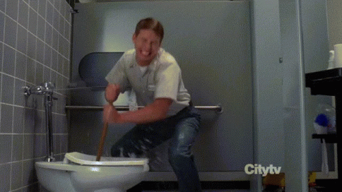 A Man Is Using A Plunger To Plunge A Toilet In A Bathroom That Is Sponsored By Citytv GIF