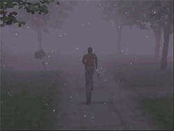A Man Is Walking Down A Foggy Road With Trees In The Background GIF