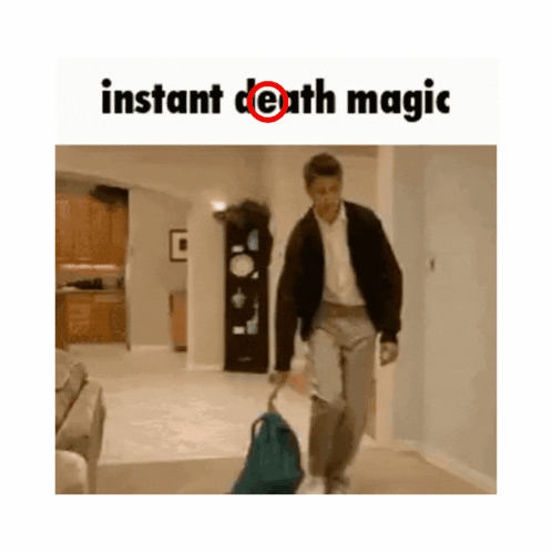 A Man Is Walking Down A Hallway With A Suitcase And The Words Instant Death Magic Below Him GIF