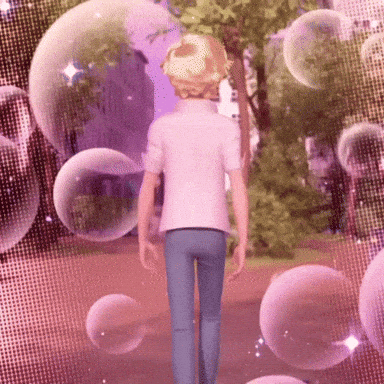 A Man Is Walking Down A Path With Bubbles Surrounding Him GIF