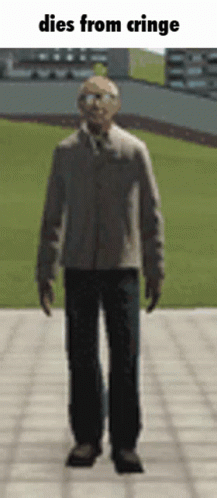 A Man Is Walking Down A Sidewalk With The Words Dies From Cringe Above Him GIF