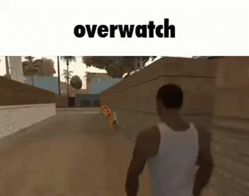 A Man Is Walking Down A Street In A Video Game While A Dog Is Running Behind Him . GIF
