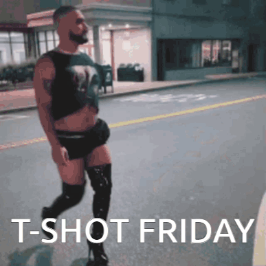 A Man Is Walking Down A Street With The Words " T-Shot Friday " Written Below Him GIF
