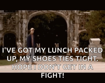 A Man Is Walking In Front Of A Stone Archway With The Words I 'Ve Got My Lunch Packed Up My Shoes Ties Tight GIF