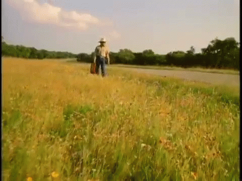 A Man Is Walking Through A Field Of Tall Grass With A Guitar . GIF