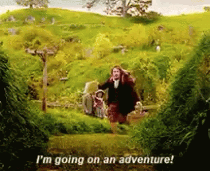 A Man Is Walking Through A Grassy Field With The Words I 'M Going On An Adventure GIF