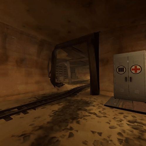 A Man Is Walking Through A Tunnel With A Red Cross On A Cabinet GIF