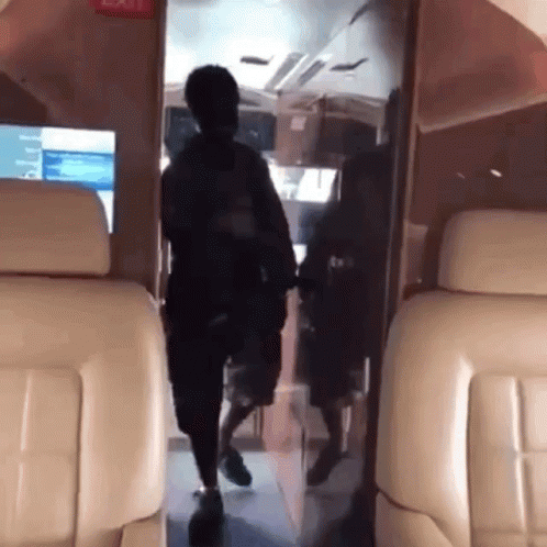 A Man Is Walking Through The Door Of A Plane GIF
