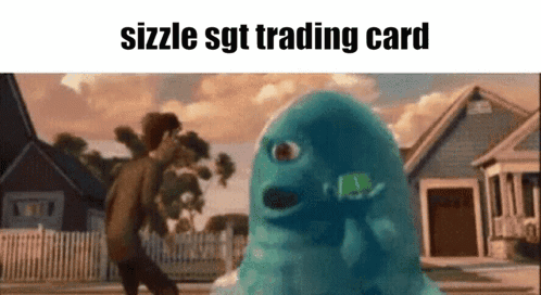 A Man Is Walking Towards A Blue Monster In Front Of A House . GIF