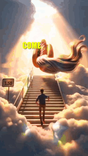 A Man Is Walking Up A Set Of Stairs With A Sign That Says 1.50 GIF