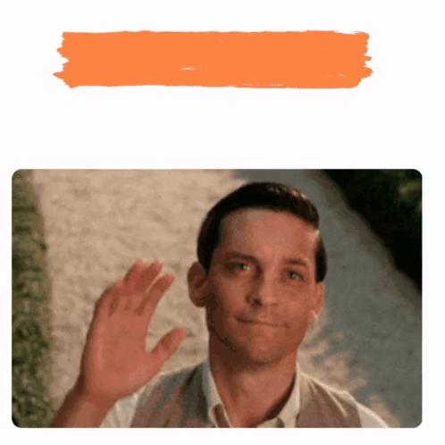 A Man Is Waving His Hand In Front Of An Orange Brush Stroke On A White Background . GIF