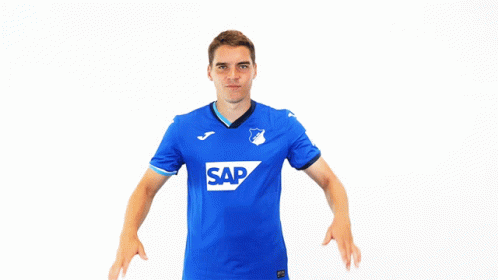 a man is wearing a blue shirt with the word sap on it