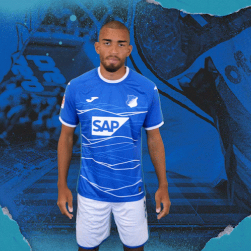 A Man Is Wearing A Blue Shirt With The Word Sap On It GIF