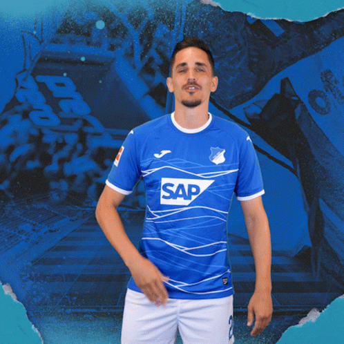 A Man Is Wearing A Blue Shirt With The Word Sap On It GIF