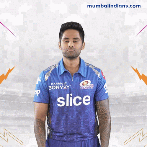 A Man Is Wearing A Blue Shirt With The Word Slice On It GIF