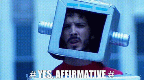 A Man Is Wearing A Cardboard Box On His Head And The Words `` Yes , Affirmative '' Below Him . GIF