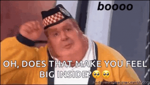 A Man Is Wearing A Hat And A Yellow Jacket And Says `` Oh , Does That Make You Feel Big Inside '' . GIF