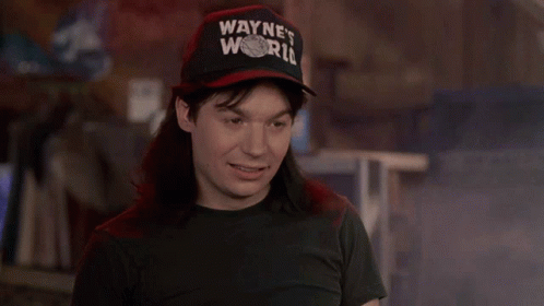 A Man Is Wearing A Hat That Says Wayne 'S World GIF